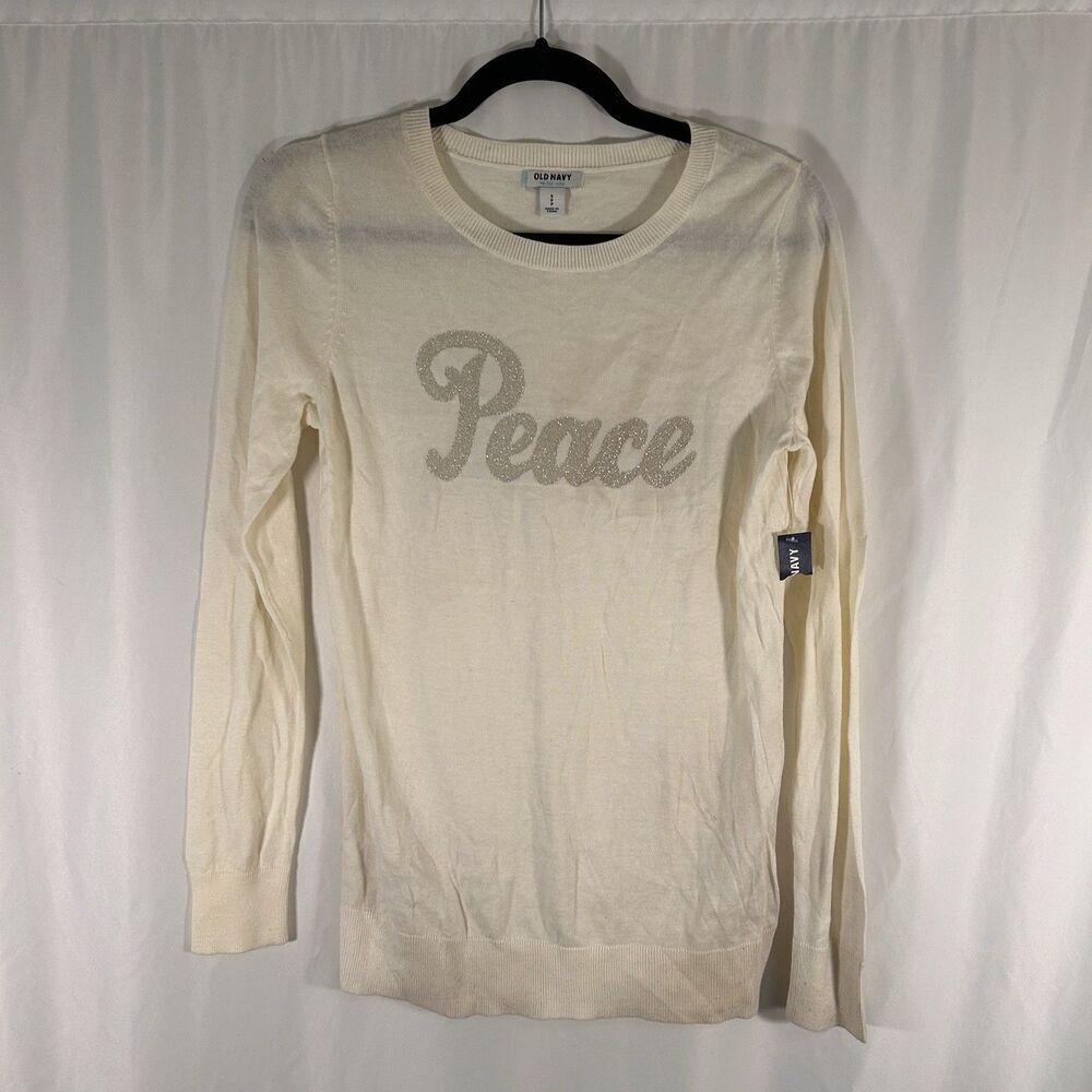 New Old Navy Shirt Women's Small Ivory Peace Prit Long Sleeve Knit Crew Neck